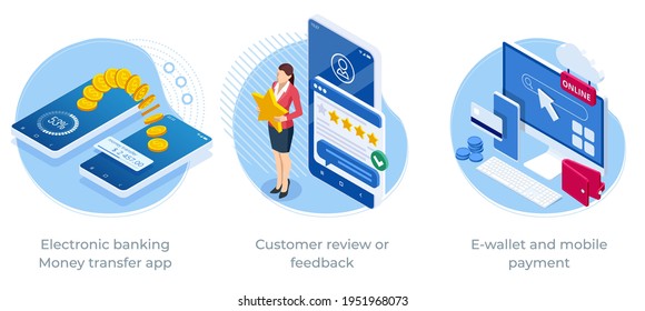 Isometric Electronic banking Money transfer app, Customer review or feedback, E-wallet and mobile payment. Online banking system. Mobile payment. Smartphone global transactions.