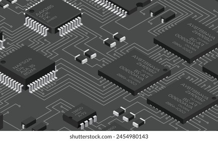Isometric electronic board. Isometric printed circuit board with electronic components. Electronic components and integrated circuit board