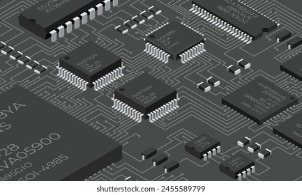 Isometric electronic board. Isometric printed circuit board with electronic components. Electronic components and integrated circuit board