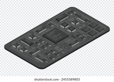 Placa electrónica isométrica. Placa de circuito impreso isométrica con componentes electrónicos. Componentes Electrónicas y tarjeta de circuitos integrados