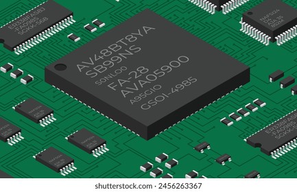 Placa electrónica isométrica. Placa de circuito impreso isométrica con componentes electrónicos. Componentes Electrónicas y tarjeta de circuitos integrados