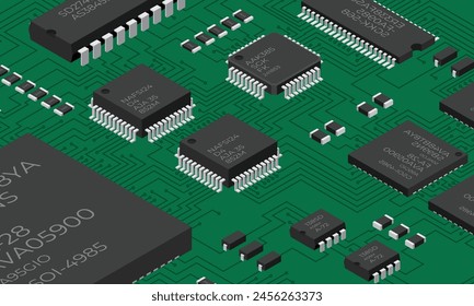 Isometric electronic board. Isometric printed circuit board with electronic components. Electronic components and integrated circuit board
