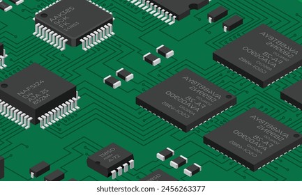 Isometric electronic board. Isometric printed circuit board with electronic components. Electronic components and integrated circuit board