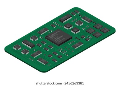 Isometric electronic board. Isometric printed circuit board with electronic components. Electronic components and integrated circuit board