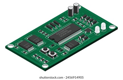 Isometrische elektronische Platte. Isometrische Leiterplatte mit elektronischen Bauelementen. Elektronische Musik-Komponenten und integrierte Platine