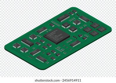 Isometric electronic board. Isometric printed circuit board with electronic components. Electronic components and integrated circuit board