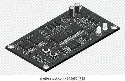 Placa electrónica isométrica. Placa de circuito impreso isométrica con componentes electrónicos. Componentes Electrónicas y tarjeta de circuitos integrados