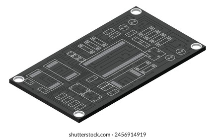 Isometric electronic board. Isometric printed circuit board. Integrated circuit board. Vector illustration