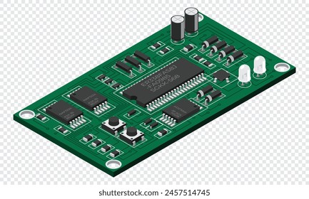 Isometric electronic board. Isometric printed circuit board with electronic components. Electronic components and integrated circuit board