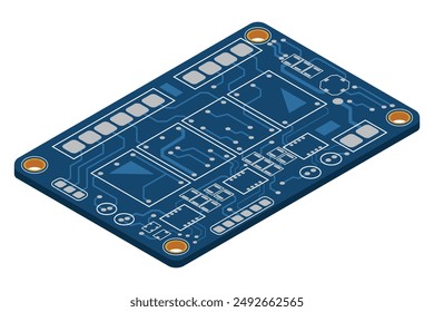 Placa electrónica isométrica. Placa de circuito impreso isométrica. Placa de circuito integrado. Ilustración vectorial
