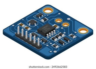 Isometric electronic board. Isometric printed circuit board with electronic components. Electronic components and integrated circuit board