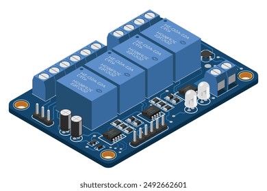 Isometric electronic board. Isometric printed circuit board with electronic components. Electronic components and integrated circuit board