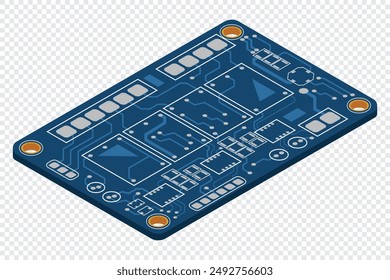 Isometric electronic board. Isometric printed circuit board. Integrated circuit board. Vector illustration