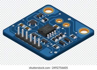 Isometric electronic board. Isometric printed circuit board with electronic components. Electronic components and integrated circuit board