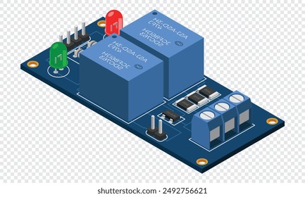 Isometric electronic board. Isometric printed circuit board with electronic components. Electronic components and integrated circuit board