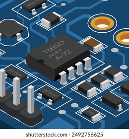 Isometrische elektronische Platte. Isometrische Leiterplatte mit elektronischen Bauelementen. Elektronische Musik-Komponenten und integrierte Platine