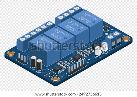 Isometric electronic board. Isometric printed circuit board with electronic components. Electronic components and integrated circuit board