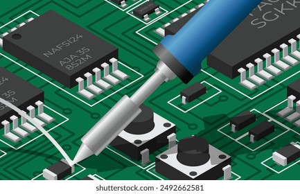 Isometric electronic board with soldering iron. Isometric printed circuit board with electronic components. Electronics repair