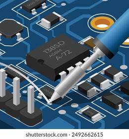 Isometric electronic board with soldering iron. Isometric printed circuit board with electronic components. Electronics repair