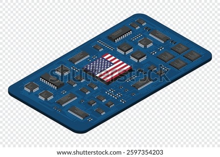 Isometric electronic board with USA flag. Isometric printed circuit board with electronic components. Electronic components and integrated circuit board