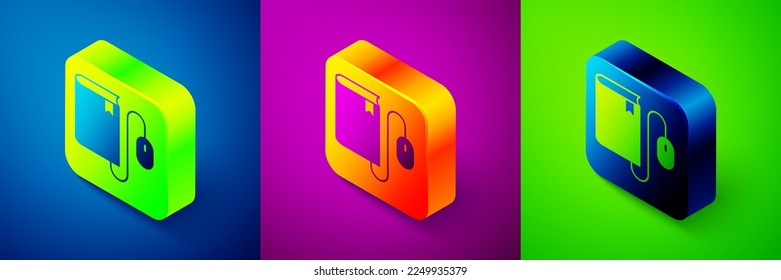 Isometric Electronic book with mouse icon isolated on blue, purple and green background. Online education concept. E-book badge icon. Square button. Vector