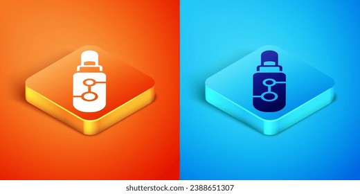 Isometric Electronic cigarette icon isolated on orange and blue background. Vape smoking tool. Vaporizer Device.  Vector