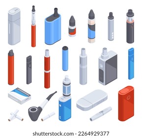 Isometric electronic cigarettes  Digital e  cigarette  vape smoke accessories 3D vector illustration collection  Vape cigarettes set