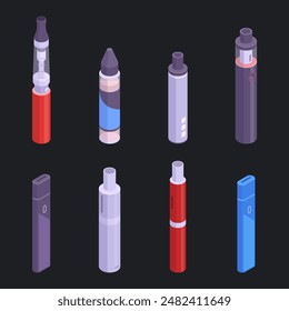 Isometric electronic cigarettes. Vape smoke accessories, digital vape pen and e-cigarette 3d vector illustration set. Vape shop products for simulating tobacco smoking