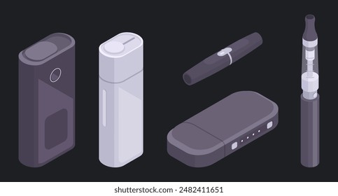 Isometric electronic cigarettes. Vape smoke accessories, digital vape pen and e-cigarette 3d vector illustration set. Vape cigarettes