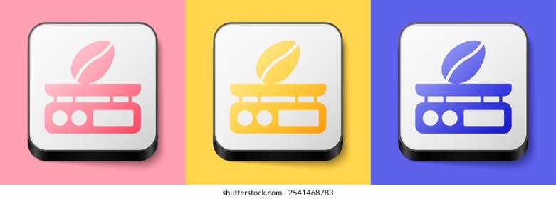 Icono de escalas de café Electrónica isométrico aislado sobre fondo rosa, amarillo y azul. Equipo de medición de peso. Botón cuadrado. Vector