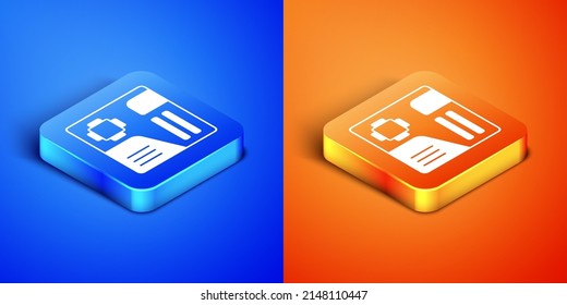 Isometric Electronic computer components motherboard digital chip integrated science icon isolated on blue and orange background. Circuit board. Square button. Vector