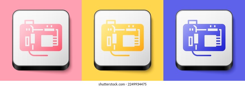 Isometric Electronic computer components motherboard digital chip integrated science icon isolated on pink, yellow and blue background. Circuit board. Square button. Vector
