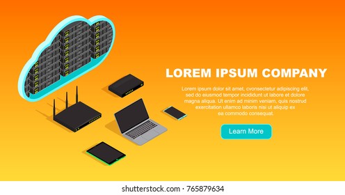 Isometric electronic devices, cloud network services, landing page concept. Laptop, smartphone, tablet, modem, router communication, vector illustration.