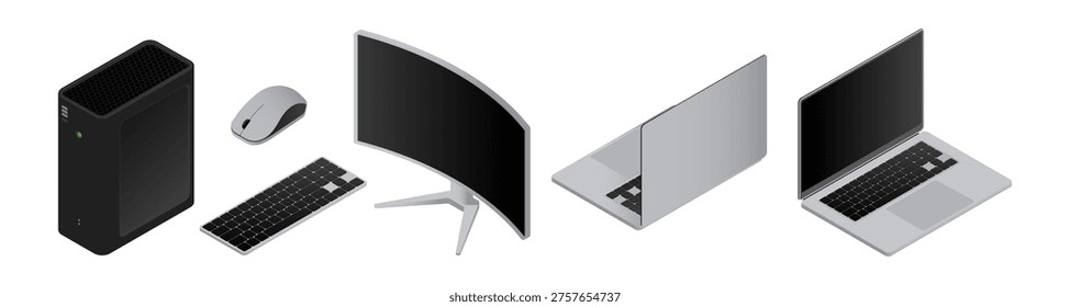 Isometric electronic devices and gadgets set. Vector isolated system unit and monitor, keyboard and mouse, laptops from different perspectives. Modern designs and multifunctional capabilities