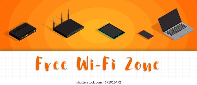 Isometric electronic devices, wifi network sharing. Laptop, smartphone, tablet, modem, router communication background, vector illustration.