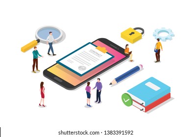 isometric electronic digital contract concept with team people and contracts paper document - vector illustration