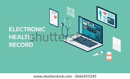 Isometric of electronic health record interface on laptop screen with surrounding medical elements like stethoscope, clipboard, QR code, and pill bottle, flat vector illustration