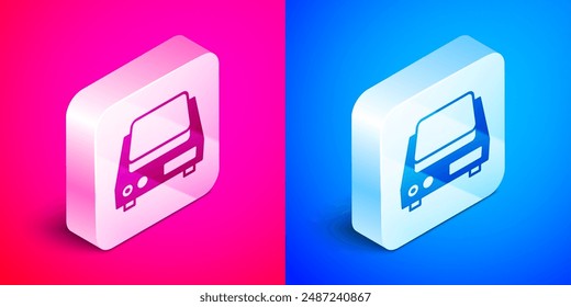 Isometric Electronic jewelry scales icon isolated on pink and blue background. Silver square button. Vector