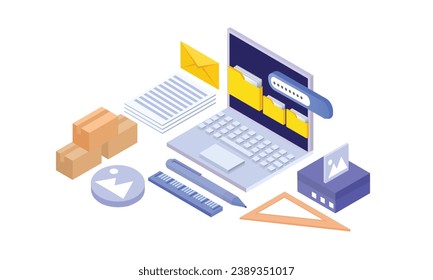 Isometric Electronic organization files concept.digital database, organizing files in folders on laptop.on white background.3D design.isometric vector design Illustration.