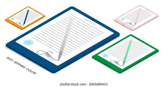 Isometric Electronic pen digitally signs tablet screen. Using digital signatures for electronic documents. Realistic 3D vector isolated on white background