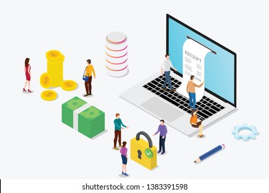 concepto de recepción electrónica isométrica con equipo portátil y personal y pago en línea - ilustración vectorial