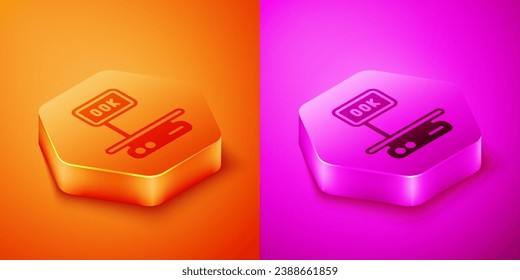 Isometric Electronic scales icon isolated on orange and pink background. Weight for food. Weighing process in store or supermarket. Hexagon button. Vector