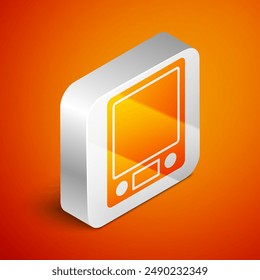 Isometric Electronic scales icon isolated on orange background. Weight measure equipment. Silver square button. Vector