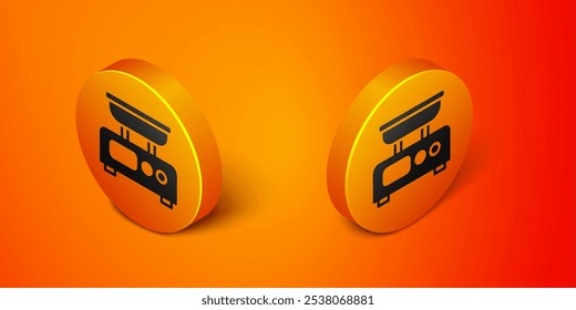Isometric Electronic scales icon isolated on orange background. Weight measure equipment. Orange circle button. Vector
