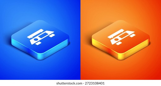 Icono de escalas Electrónicas isométricas aisladas sobre fondo azul y naranja. Equipo de medición de peso. Botón cuadrado. Vector