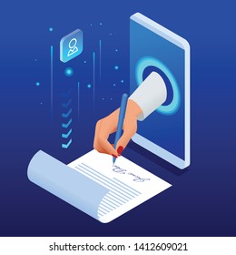 Isometrisches elektronisches Signaturkonzept. Elektronisches Dokument, digitales Formular, das elektronisch übermittelten Dokument beigefügt ist, Überprüfung der Absichtserklärung zur Unterzeichnung von Vereinbarungen und Rechtsvereinbarungen.