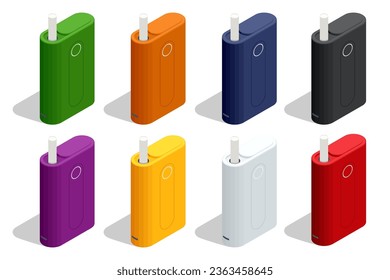 Isometric electronic smoking devices on white background. E-cigarette refills. Liquids for vaping devices.