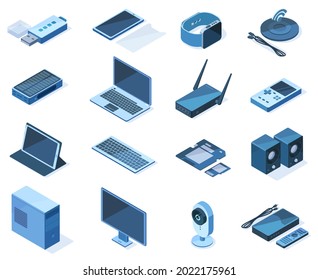 Tecnología electrónica isométrica dispositivos de gadget inalámbricos 3d. Equipo de tecnología de red, laptop, smartphone, reloj inteligente conjunto de ilustración vectorial. Dispositivos inalámbricos isométricos, innovaciones multimedia