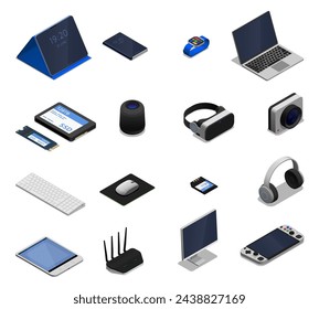 Isometric electronic technology gadgets. Laptop, computer, mouse and vr glasses. Digital gadget for work, game and study. Ssd and console, pithy vector set
