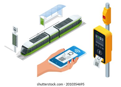 Validador electrónico isométrico de la tarifa de transporte público. Pago inalámbrico sin contacto a través del teléfono móvil. validador de billetes de tranvía. Mujer pagando sin contacto con smartphone para transporte público en tranvía